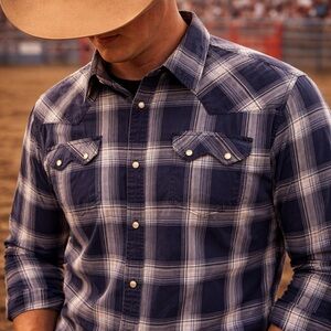 Pearl Buttons Classic Navy Plaid Button-Down Shirt - Casual Men's Shirt - XL